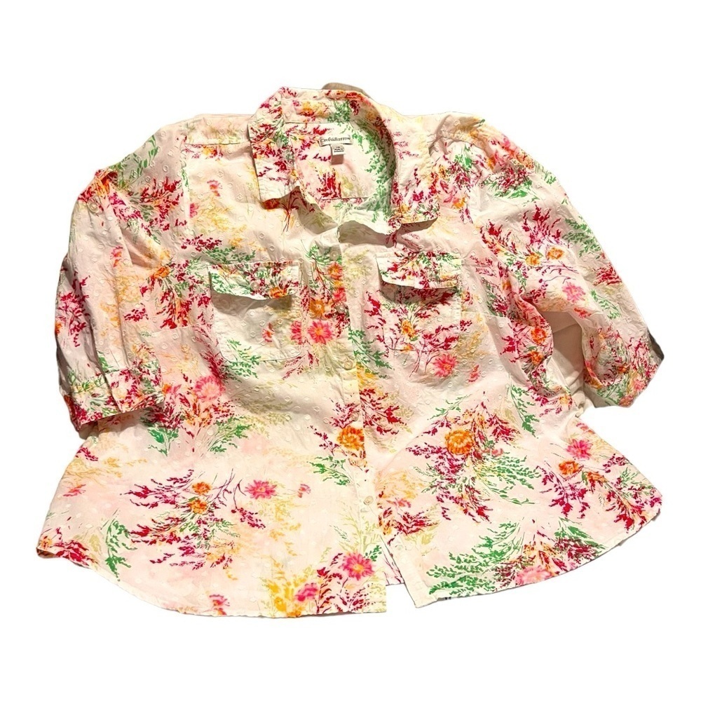 Cotton Summer blouse white flat dot bright multicolor floral 3/4 roll tab sleeve
